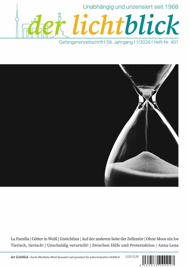 der lichtblick 01/2026 Sanduhr auf schwarzem Hintergrund, mit dem Titel „der lichtblick“ oben.
